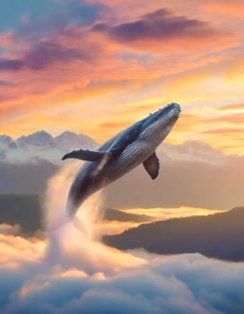 Whale flying above the clouds with a view to the sunset behind the mountain peaks