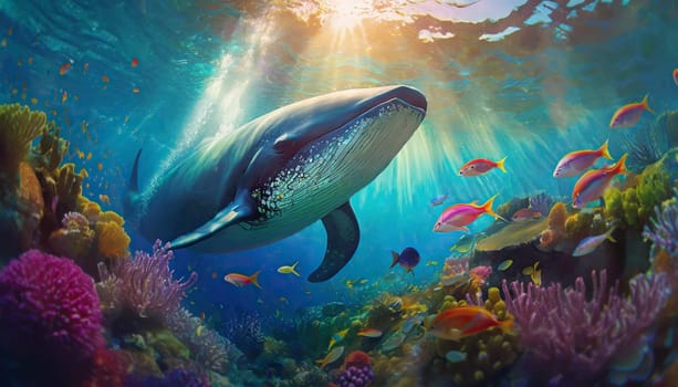 Dreamlike ocean underwater life scene with a giant whale swimming among different colorful fish and coral reef