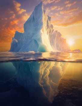Massive iceberg with half part above the sea and a big chunk underwater. Warm arctic sunset scene, climate change conceptual background