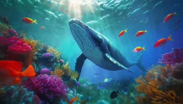 Ocean underwater scene with a whale diving among different colorful fish and coral reef