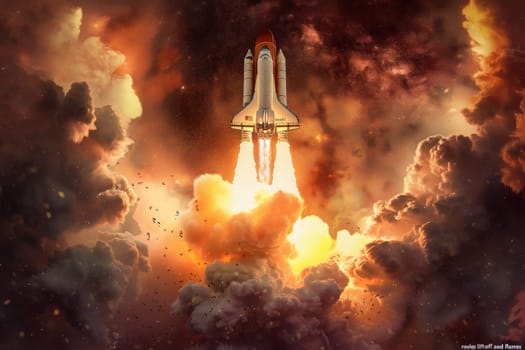 A space shuttle with fiery rocket liftoff cutting through a cloudy sky, leaving behind smoke and flames.