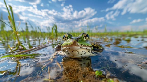 Behold the serene beauty of a Pelophylax nigromaculata, gracefully captured in a front-facing view, as it reclines amidst verdant rice fields under a vast expanse of blue sky adorned with wisps of white clouds. This harmonious composition invites you to immerse yourself in the tranquility of nature's embrace.