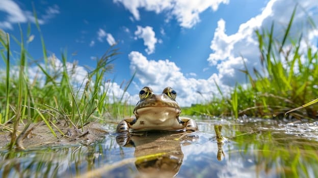 Behold the serene beauty of a Pelophylax nigromaculata, gracefully captured in a front-facing view, as it reclines amidst verdant rice fields under a vast expanse of blue sky adorned with wisps of white clouds. This harmonious composition invites you to immerse yourself in the tranquility of nature's embrace.