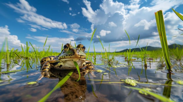 Behold the serene beauty of a Pelophylax nigromaculata, gracefully captured in a front-facing view, as it reclines amidst verdant rice fields under a vast expanse of blue sky adorned with wisps of white clouds. This harmonious composition invites you to immerse yourself in the tranquility of nature's embrace.