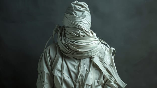 In this poignant photograph, a person stands resilient, clad in a straitjacket, against a stark studio background. Despite the constraints, their gaze reflects determination and inner fortitude, embodying the enduring human spirit in the face of adversity.