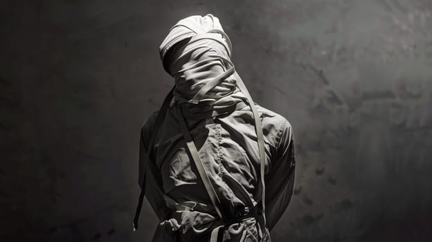 In this poignant photograph, a person stands resilient, clad in a straitjacket, against a stark studio background. Despite the constraints, their gaze reflects determination and inner fortitude, embodying the enduring human spirit in the face of adversity.