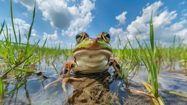 Behold the serene beauty of a Pelophylax nigromaculata, gracefully captured in a front-facing view, as it reclines amidst verdant rice fields under a vast expanse of blue sky adorned with wisps of white clouds. This harmonious composition invites you to immerse yourself in the tranquility of nature's embrace.