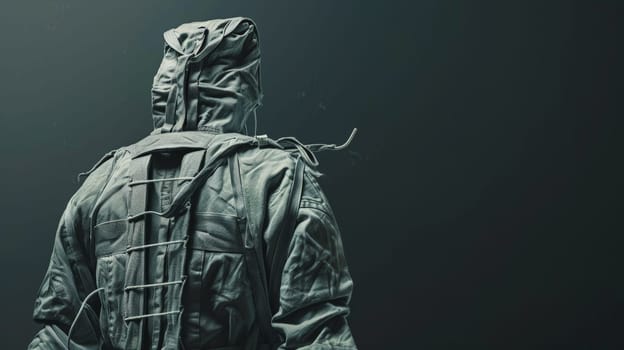 In this poignant photograph, a person stands resilient, clad in a straitjacket, against a stark studio background. Despite the constraints, their gaze reflects determination and inner fortitude, embodying the enduring human spirit in the face of adversity.
