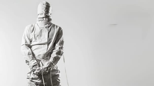 In this poignant photograph, a person stands resilient, clad in a straitjacket, against a stark studio background. Despite the constraints, their gaze reflects determination and inner fortitude, embodying the enduring human spirit in the face of adversity.