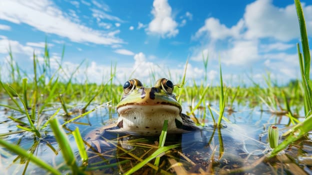 Behold the serene beauty of a Pelophylax nigromaculata, gracefully captured in a front-facing view, as it reclines amidst verdant rice fields under a vast expanse of blue sky adorned with wisps of white clouds. This harmonious composition invites you to immerse yourself in the tranquility of nature's embrace.
