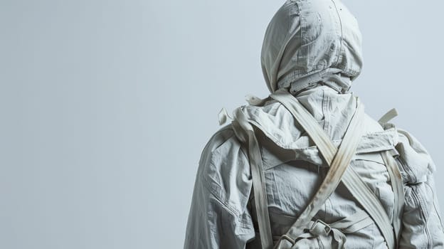 In this poignant photograph, a person stands resilient, clad in a straitjacket, against a stark studio background. Despite the constraints, their gaze reflects determination and inner fortitude, embodying the enduring human spirit in the face of adversity.