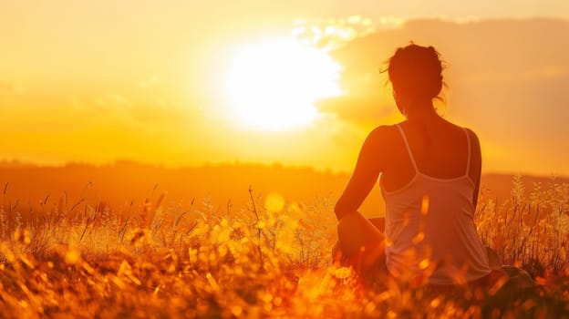 Behold the tranquil silhouette of a thoughtful young woman, basking in the warm embrace of the sun's first light as it kisses the horizon. In this serene moment of connection with nature, she exudes a sense of joy, gratitude, and spiritual harmony, embodying the essence of feminine strength and freedom.
