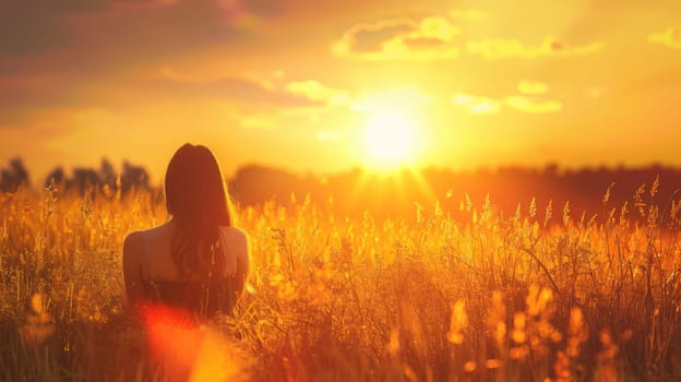Behold the tranquil silhouette of a thoughtful young woman, basking in the warm embrace of the sun's first light as it kisses the horizon. In this serene moment of connection with nature, she exudes a sense of joy, gratitude, and spiritual harmony, embodying the essence of feminine strength and freedom.