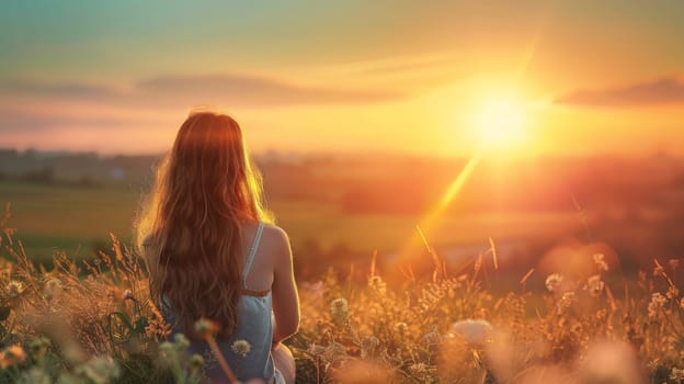 Behold the tranquil silhouette of a thoughtful young woman, basking in the warm embrace of the sun's first light as it kisses the horizon. In this serene moment of connection with nature, she exudes a sense of joy, gratitude, and spiritual harmony, embodying the essence of feminine strength and freedom.