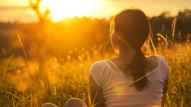 Behold the tranquil silhouette of a thoughtful young woman, basking in the warm embrace of the sun's first light as it kisses the horizon. In this serene moment of connection with nature, she exudes a sense of joy, gratitude, and spiritual harmony, embodying the essence of feminine strength and freedom.