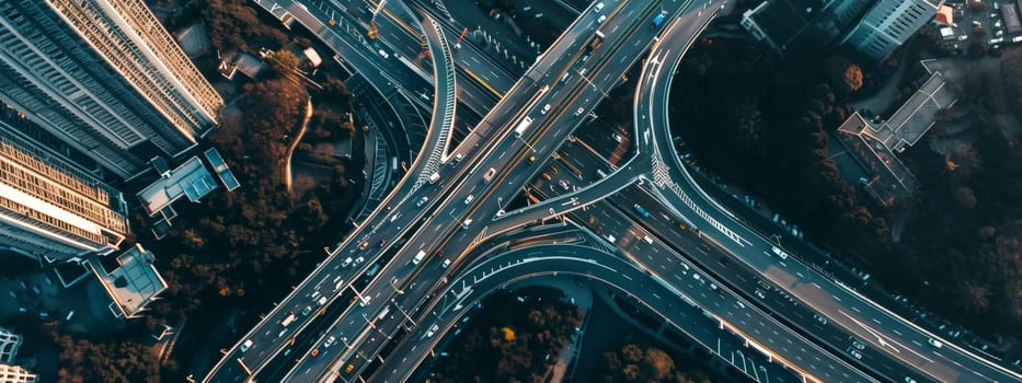Delve into the urban landscape captured from a bird's-eye view, where roads weave like threads in a tapestry of development and environmental consciousness. This professional photograph, bathed in natural lighting and adorned with film grain, merges the realms of commercial photography and fine art. With meticulous color grading, it offers a photo-realistic portrayal of a cityscape pulsating with life and potential.