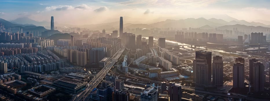 Delve into the urban landscape captured from a bird's-eye view, where roads weave like threads in a tapestry of development and environmental consciousness. This professional photograph, bathed in natural lighting and adorned with film grain, merges the realms of commercial photography and fine art. With meticulous color grading, it offers a photo-realistic portrayal of a cityscape pulsating with life and potential.