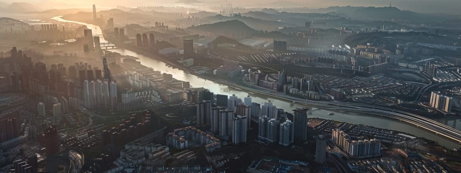 Delve into the urban landscape captured from a bird's-eye view, where roads weave like threads in a tapestry of development and environmental consciousness. This professional photograph, bathed in natural lighting and adorned with film grain, merges the realms of commercial photography and fine art. With meticulous color grading, it offers a photo-realistic portrayal of a cityscape pulsating with life and potential.