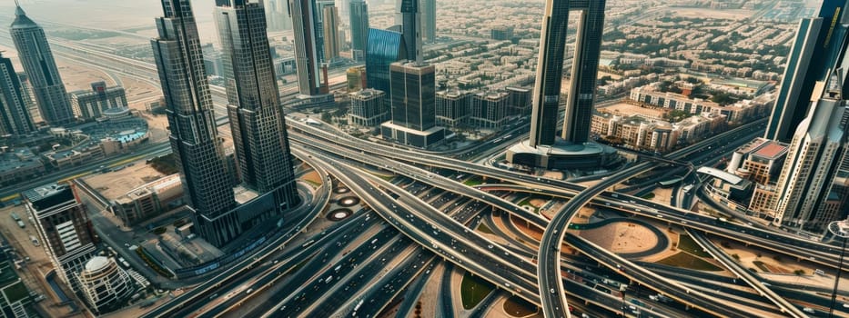 Delve into the urban landscape captured from a bird's-eye view, where roads weave like threads in a tapestry of development and environmental consciousness. This professional photograph, bathed in natural lighting and adorned with film grain, merges the realms of commercial photography and fine art. With meticulous color grading, it offers a photo-realistic portrayal of a cityscape pulsating with life and potential.