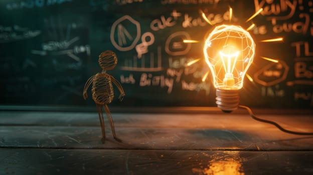In this evocative photograph, witness the birth of an idea encapsulated by a stick figure illuminated by the radiant glow of a bulb. Symbolizing the inception of innovation, this image captures the essence of creativity and the transformative power of bright ideas.
