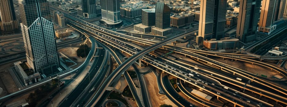 Delve into the urban landscape captured from a bird's-eye view, where roads weave like threads in a tapestry of development and environmental consciousness. This professional photograph, bathed in natural lighting and adorned with film grain, merges the realms of commercial photography and fine art. With meticulous color grading, it offers a photo-realistic portrayal of a cityscape pulsating with life and potential.