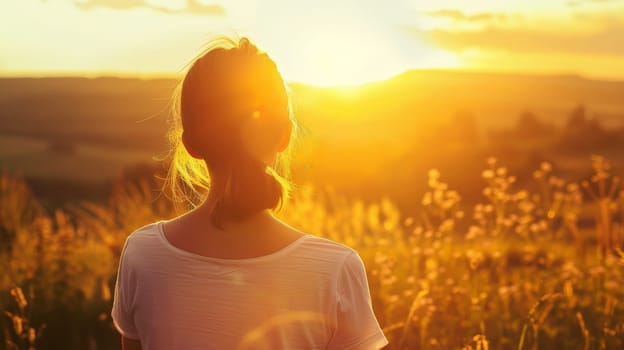 Behold the tranquil silhouette of a thoughtful young woman, basking in the warm embrace of the sun's first light as it kisses the horizon. In this serene moment of connection with nature, she exudes a sense of joy, gratitude, and spiritual harmony, embodying the essence of feminine strength and freedom.