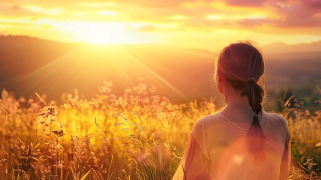 Behold the tranquil silhouette of a thoughtful young woman, basking in the warm embrace of the sun's first light as it kisses the horizon. In this serene moment of connection with nature, she exudes a sense of joy, gratitude, and spiritual harmony, embodying the essence of feminine strength and freedom.