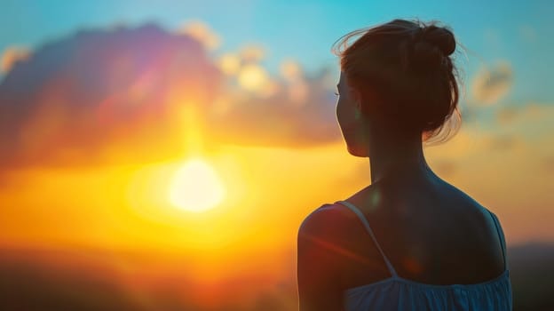 Behold the tranquil silhouette of a thoughtful young woman, basking in the warm embrace of the sun's first light as it kisses the horizon. In this serene moment of connection with nature, she exudes a sense of joy, gratitude, and spiritual harmony, embodying the essence of feminine strength and freedom.