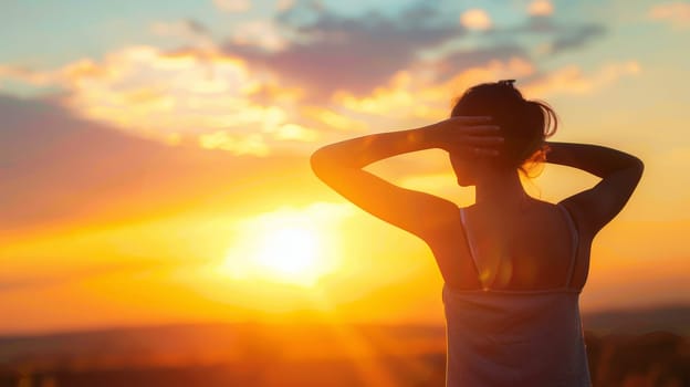 Behold the tranquil silhouette of a thoughtful young woman, basking in the warm embrace of the sun's first light as it kisses the horizon. In this serene moment of connection with nature, she exudes a sense of joy, gratitude, and spiritual harmony, embodying the essence of feminine strength and freedom.