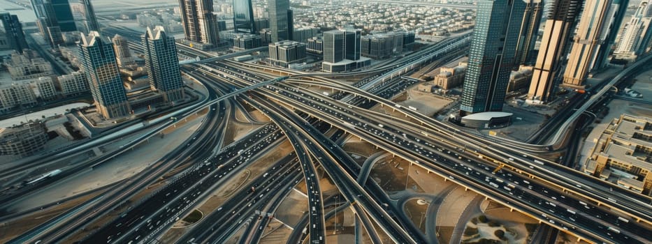 Delve into the urban landscape captured from a bird's-eye view, where roads weave like threads in a tapestry of development and environmental consciousness. This professional photograph, bathed in natural lighting and adorned with film grain, merges the realms of commercial photography and fine art. With meticulous color grading, it offers a photo-realistic portrayal of a cityscape pulsating with life and potential.