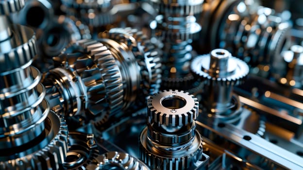 Industrial background. Engine gears and wheels, detailed mechanical assembly showcasing various sizes and types of metal gears interlocking. AI generated