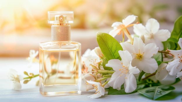 Still life composition with glass perfume bottle with jasmine flowers. Delicate feminine scent concept.AI generated
