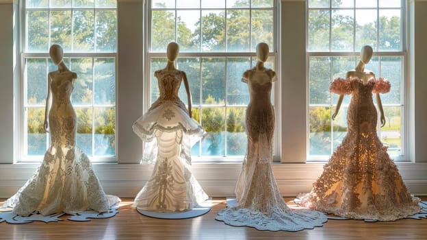 Mannequins dressed in lace gowns with elegant trains displayed in front of large windows illuminated by natural sunlight. AI generated