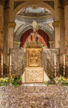 Pamplona, Spain - March 3rd, 2024: San Fermin Patron Saint figure at San Lorenzo Church, Pamplona, Navarra, Spain. Front view