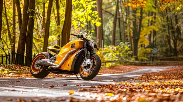 Yellow motorcycle parked on the forest road in the fall. AI generated