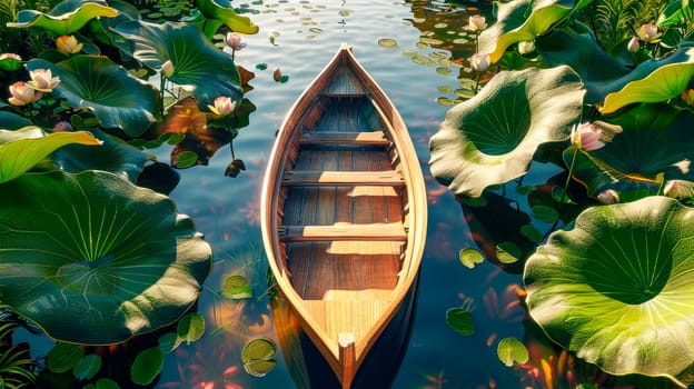 An empty wooden boat in a lake with large lotus leaves and blooming flowers on both sides. AI generated