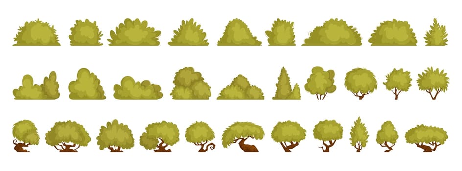 Set of garden green plant isolated on white background. Shrub bush shrubbery tree interesting shape, flat cartoon vector illustration.