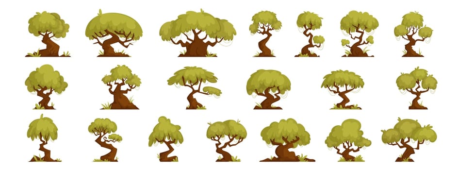 Large Set of forest trees of interesting and twisted shapes, bonsai and oaks, green forest tree of interesting shapes