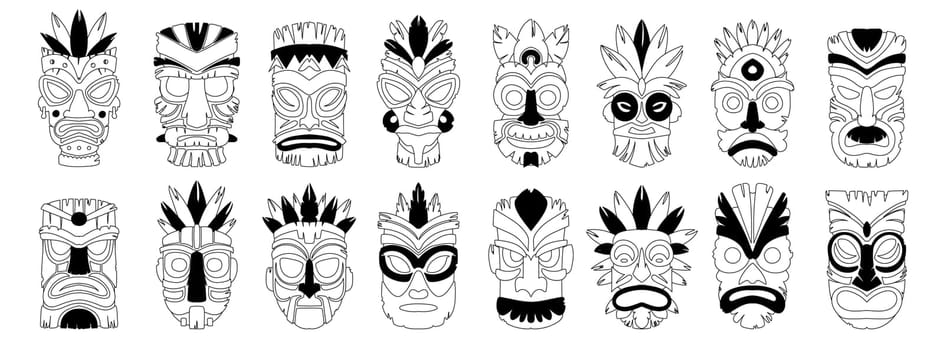 Set of sixteen tiki masks. Black and white linear style ceremonial tiki totem masks, African or Hawaiian idols. Set of vector illustrations Ethnic tribal ritual masks.