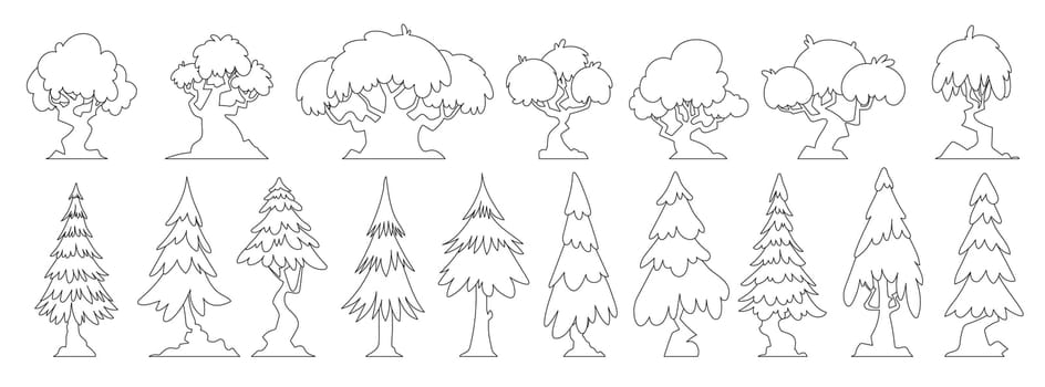 Set of forest trees of various interesting shapes, icons of sow, spruce, small and large trees.