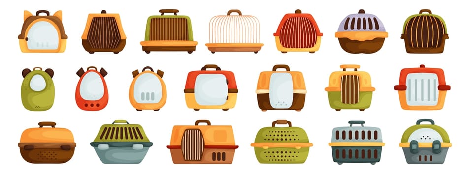 Pet Carrier Set. Empty cell. With handle and door. Portable container for transporting animals. Care. Different forms. White background.