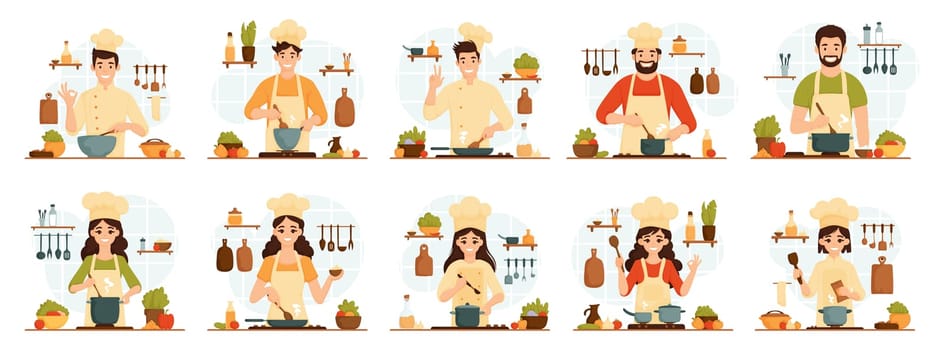 Collection of various male and female chefs who prepare food. Smiling people cooking in the kitchen at the stove. A guy and a girl are in the process of preparing hot dishes.