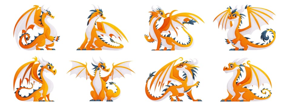 Set of yellow dragons. Large brutal dragon with wings. Yellow, blue and white color.