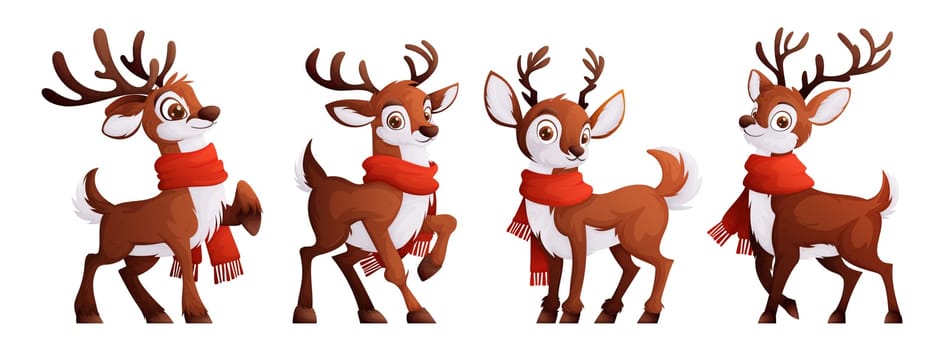 Set of four deer. A cute brown deer with antlers and a white fluffy chest, wrapped in a warm red scarf.
