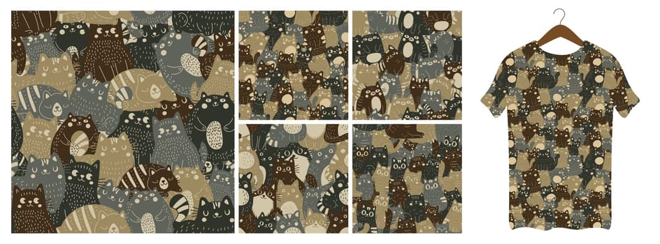 A set of five seamless patterns, a khaki pattern consisting of cats. War paint of kitten silhouettes.