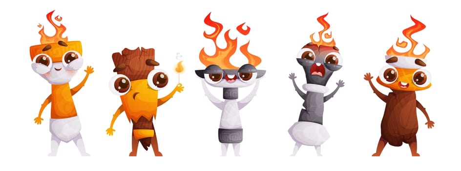 Set of five cute characters Medieval torches with burning flames. Emotional Antique torches of different shapes with fire. Symbol of the Olympics.