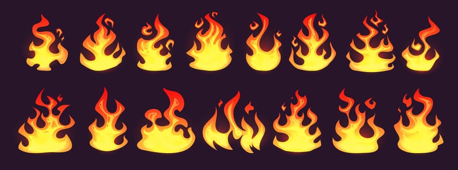 Set of red and orange flames. Collection of hot glowing element. Fire, a symbol of energy and strength.
