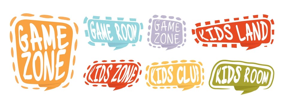 Game room party labels, children education and entertainment club elements. Baby playing zone vector illustration set. Kids entertainment badges. Playroom area, child and kids zone for game