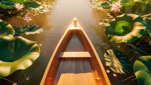 Overhead view of an empty wooden boat in a lake with large lotus leaves and blooming flowers on both sides. AI generated
