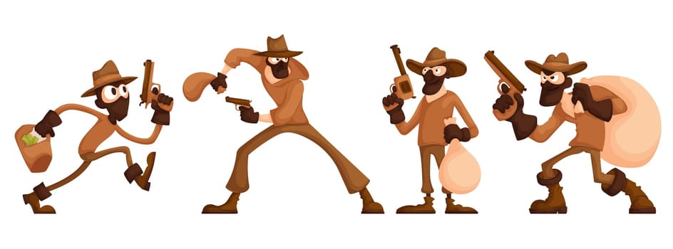 Thieves cartoon characters set. A robber in a mask and with a gun is holding a bag or sack of money. Participant in a crime in a mask and hat. The thief committed a robbery. White background.
